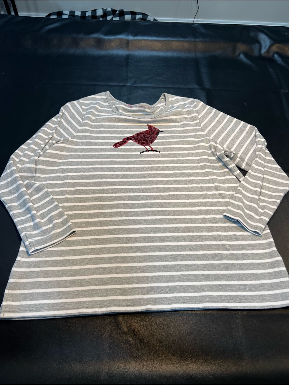 Quacker Factory Striped Sequin Cardinal Appliqué Top NO TAGS SEE PHOTOS
